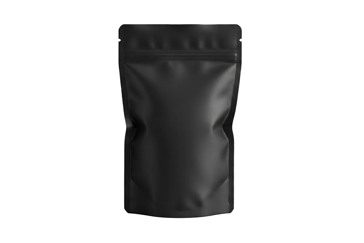 a indistinct black standup pouch with transparent background